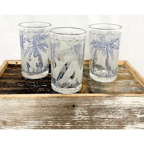 Vintage Set of Three, 7oz Frosted and Embossed Blue Palm Tree Tumblers - Picture 3 of 8